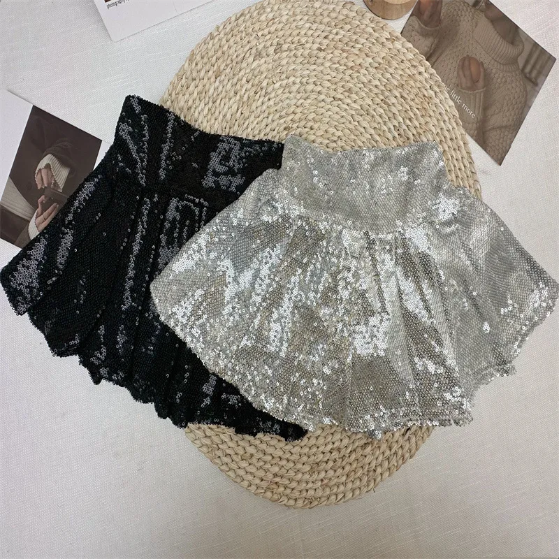 

baby girls shiny pleated skirt spring summer 2024 sequins sparkling A-line skirt kids clothes Korean skirts 3 to 16 years