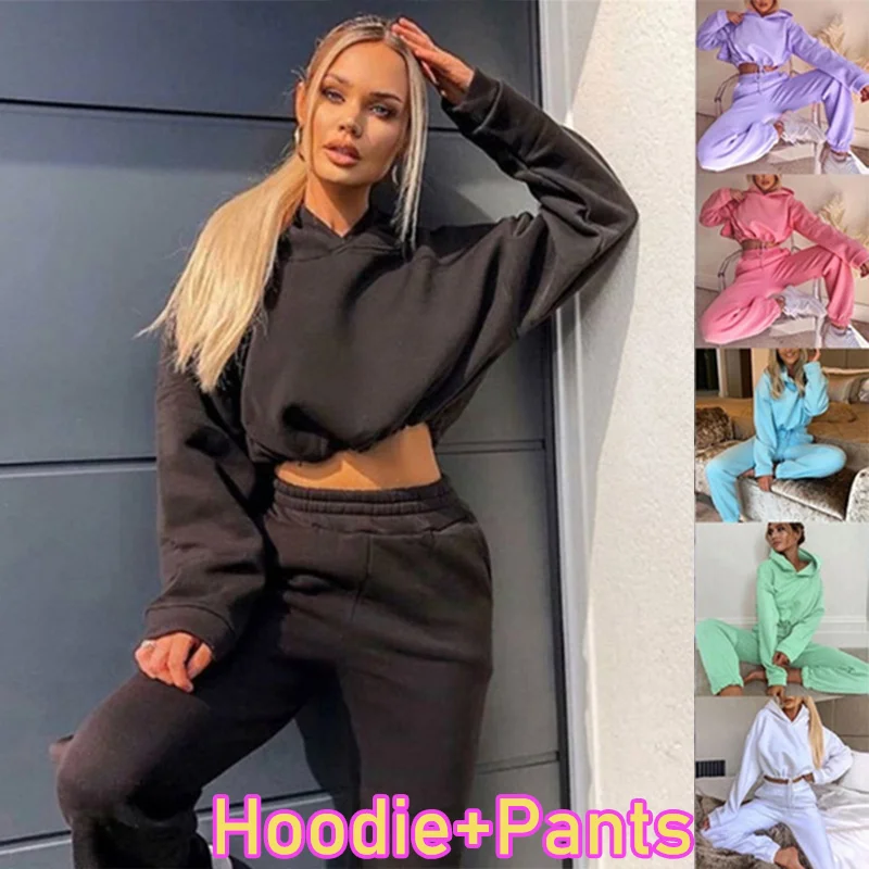 Women's solid color sportswear hoodie+trousers jogging casual sportswear autumn and winter two-piece set of 8 colors