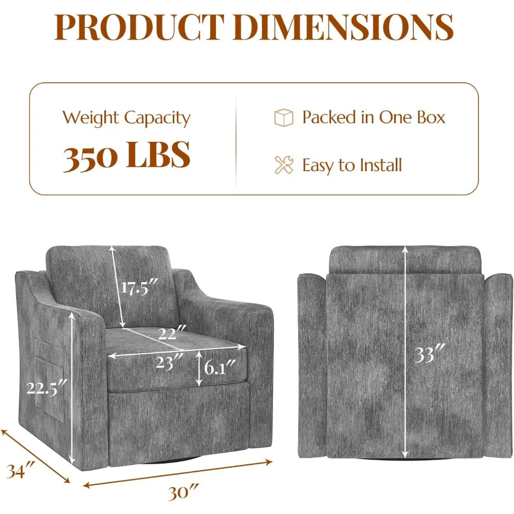 360° Swivel Accent Chair, Large Comfy Reading Armchair for Living Room Bedroom, Grey Upholstered Sofa