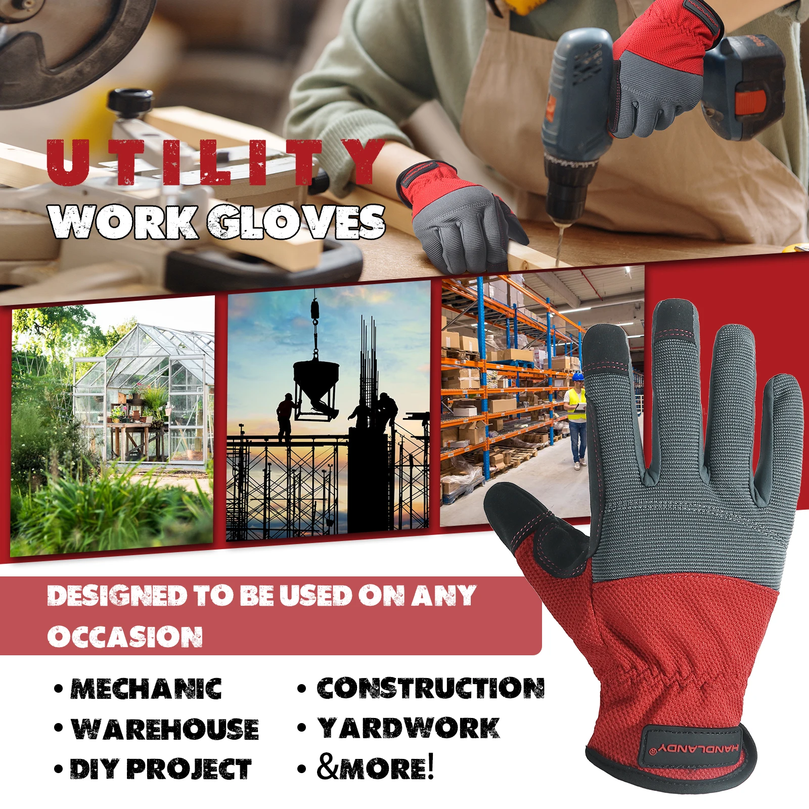 Work Gloves HANDLANDY Flexible Breathable Fit-Padded Knuckles & Palm Touch screen Utility Mechanic Mens Work Gloves