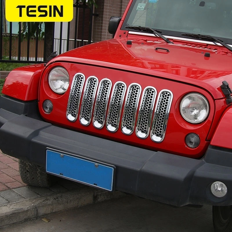 TDHLW Inserti in Rete per griglia Anteriore a Clip e Copertura per Faro per Jeep Wrangler JK JKU Unlimited Sport Rubicon Sahara 2007-2017,Rosso