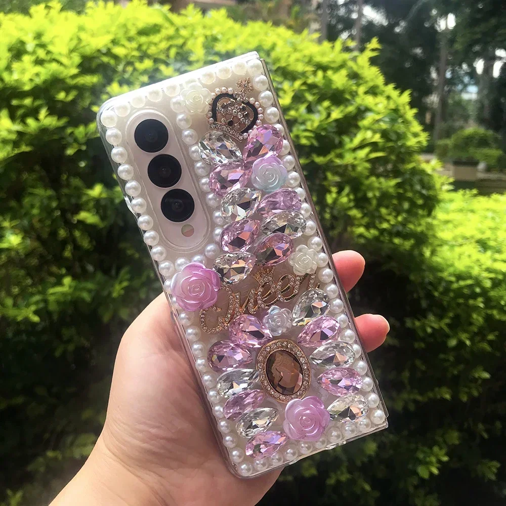 

Luxury Rhinestone Portrait Crown Phone Case For Samsung Galaxy Z Fold 5 4 3 2 DIY Flowers Pearl Diamond Clear Hard PC Back Cover
