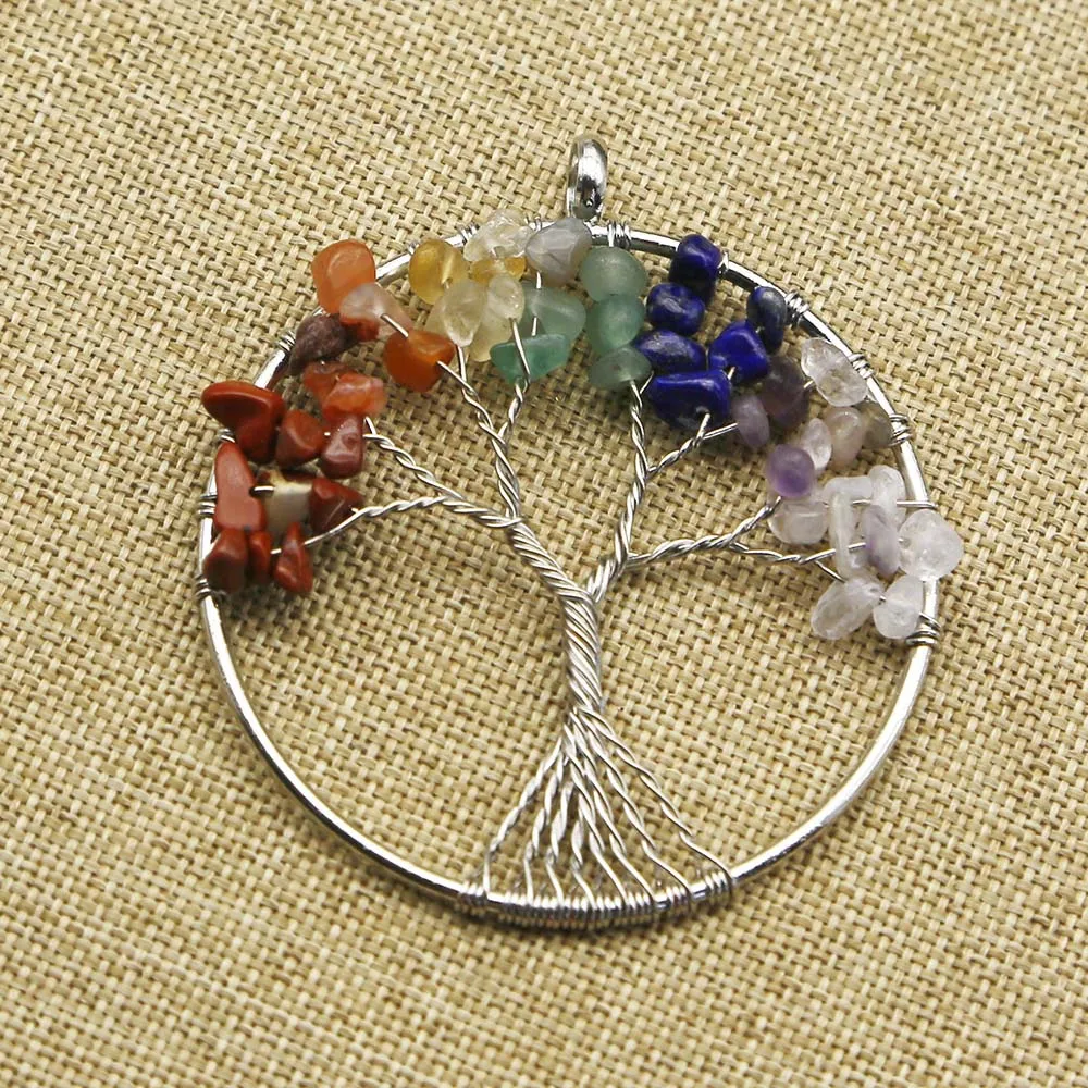 Natural Stone Colorful Crystal Silver Round Fortune Life Tree Pendant Necklace Charm DIY Jewelry Accessories Gift Wholesale 8Pcs