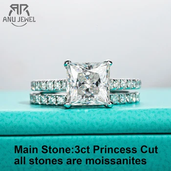AnuJewel 3ct Princess Cut D Color Moissanite Engagement Ring Bridal Sets 925 Sterling Silver Wedding Band Ring Customs Jewelry