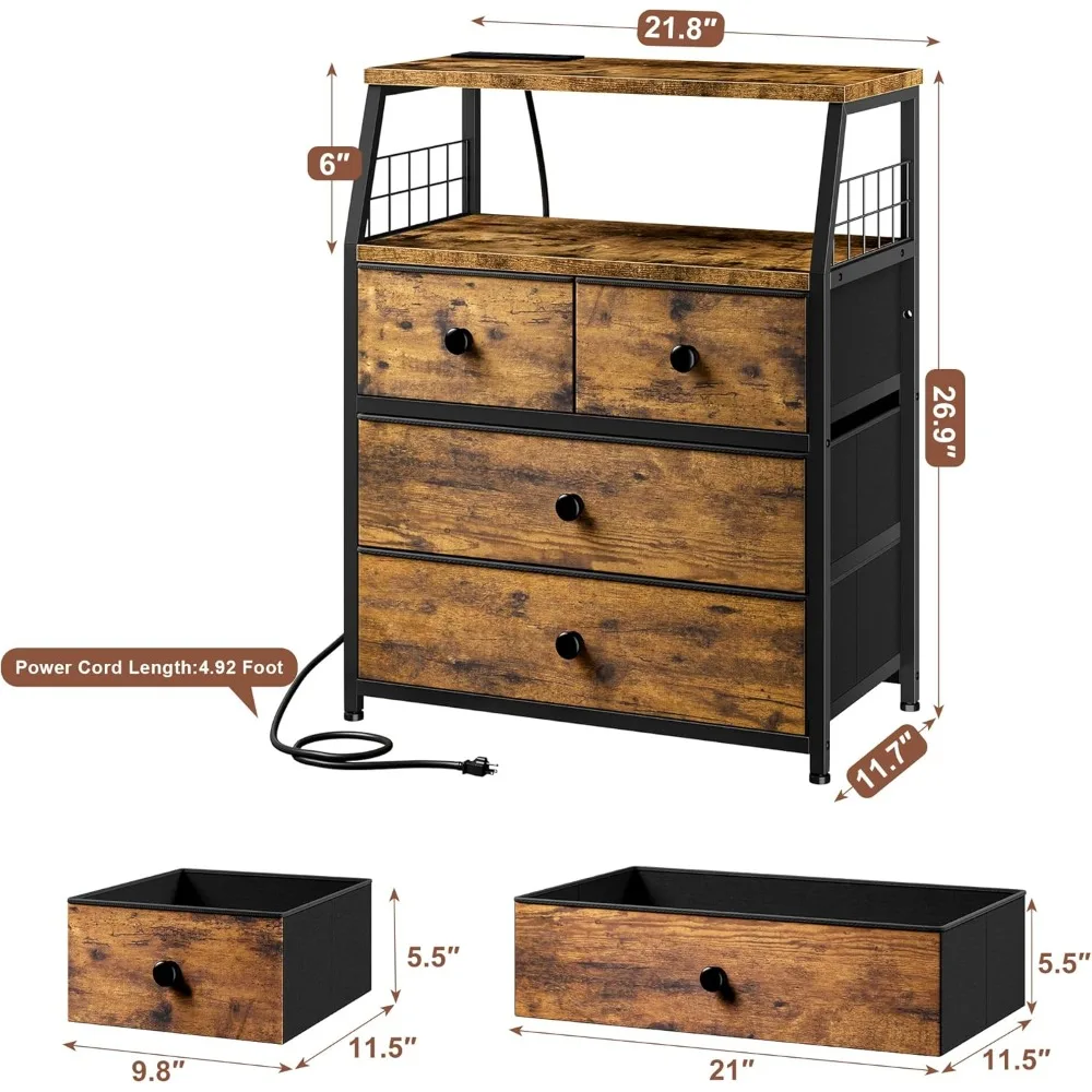 Nightstand Set of 2, Night Stand with Charging Station & LED Lights, Bedside Table with 4 Fabric Drawers for Bedroom 2