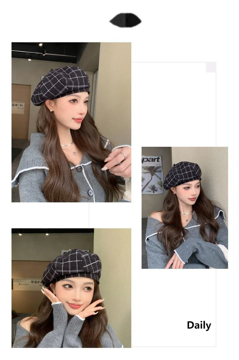 Plaid Beret Hat For Women British Retro Style Woolen Painter Cap_voghion.com