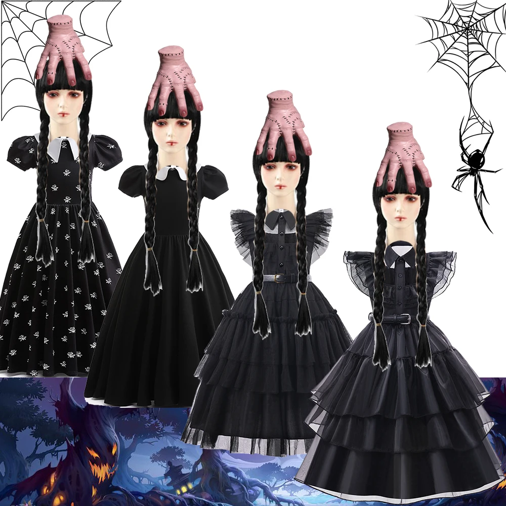 

2-12Yrs Movie Wednesday Cosplay For Girl Costume 2023 New Vestidos For Kids Girls Mesh Party Dresses Halloween Carnival Costumes