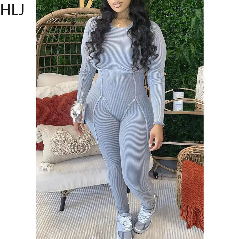 HLJ Gray Casual Solid Stitching Legging Pants Jumpsuits Women Round Neck Long Sleeve Bodycon Playsuits Female Sporty Overalls