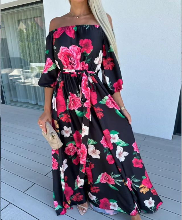 

Bohemian Dress New Summer Vintage Beach Vacation Floral Dress Women Slash Neck Lace Up Fashion Backless Print Long Dress Vestido