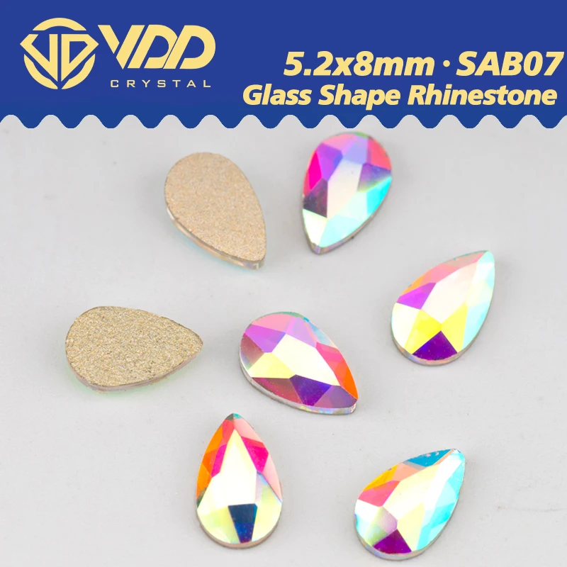 VDD 유리 모양 크리스탈 AB 모조 다이아몬드 플랫백 스톤 도매, DIY 네일 아트 액세서리, SAB07, 5.2x8mm, 100, 500, 1440 개
