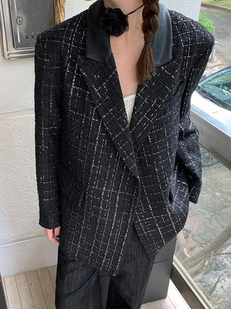 

DEAT Fashion Women's Blazer Notched Pu Leather Spliced Single Breasted Plaid Lack Pockets Loose Jackets Winter 2023 New 7AB1540