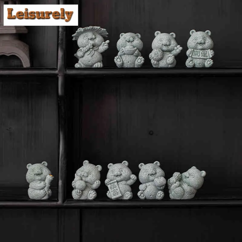 Cyan Sand Stone Panda Tea Pet Vintage Lucky Model Tea Figurine Play Toys Tea Statue Ornaments Tableware Accessories Collection