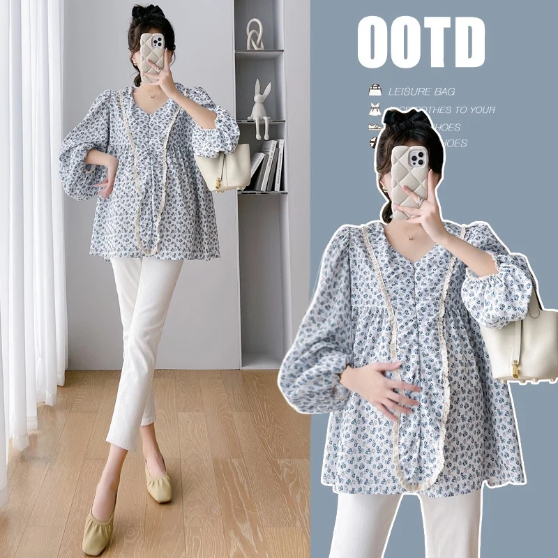 

7155# 2023 Autumn Korean Fashion Maternity Blouse Sweet Cute Flora Printed Shirt Tunic Clothes for Pregnant Women Pregnancy Tops