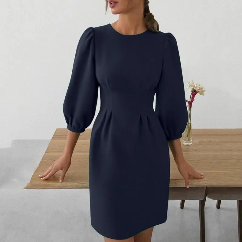

Women Round Neck Pleated Party Dress Stylish Three Quarter Sleeve Elegant Mini Dress Lady Commute Solid Waist Slim Short Dress