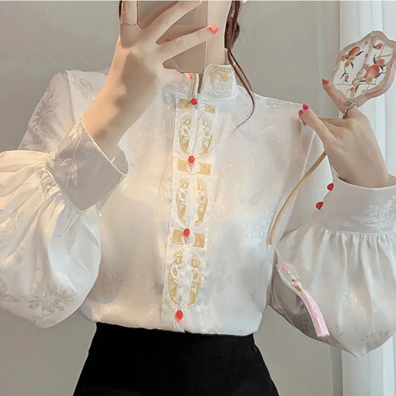 New Summer Elegant Fashion Solid Color Print Retro Office Lady Women's Clothing Chinese Style Embroidery Turtleneck Tops