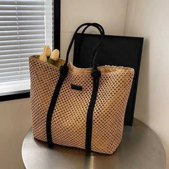 Borsa tote estiva in paglia intrecciata Borse a tracolla da donna per vacanze al mare casual Borse da donna di grande capacità Tinta unita 1