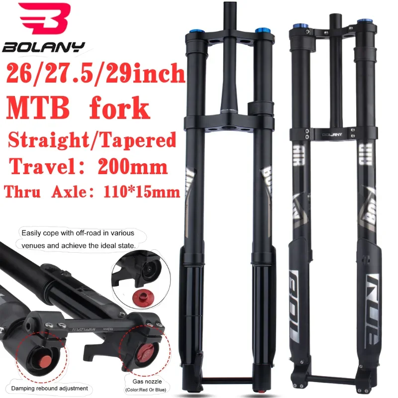 

Bolany Double Shoulder Inverted Bike Fork MTB Fork 26/27.5/29inch Boost fork Thru Axle Travel 140mm Tapered Rebound Adjustment
