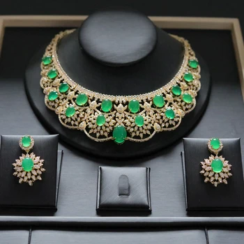 Luxury Green Necklace Sparkling Cubic Zircon 2pcs Vintage Jewelry Set for Women Wedding Golden Wedding Party Anniversary Gift