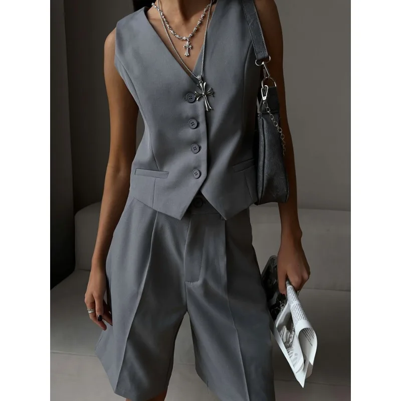 V-Neck Sleeveless Female 2 Piece-Set Casual Slim Straight Trousers Pocket Solid High Street Outfits Fashion Shorts Sets