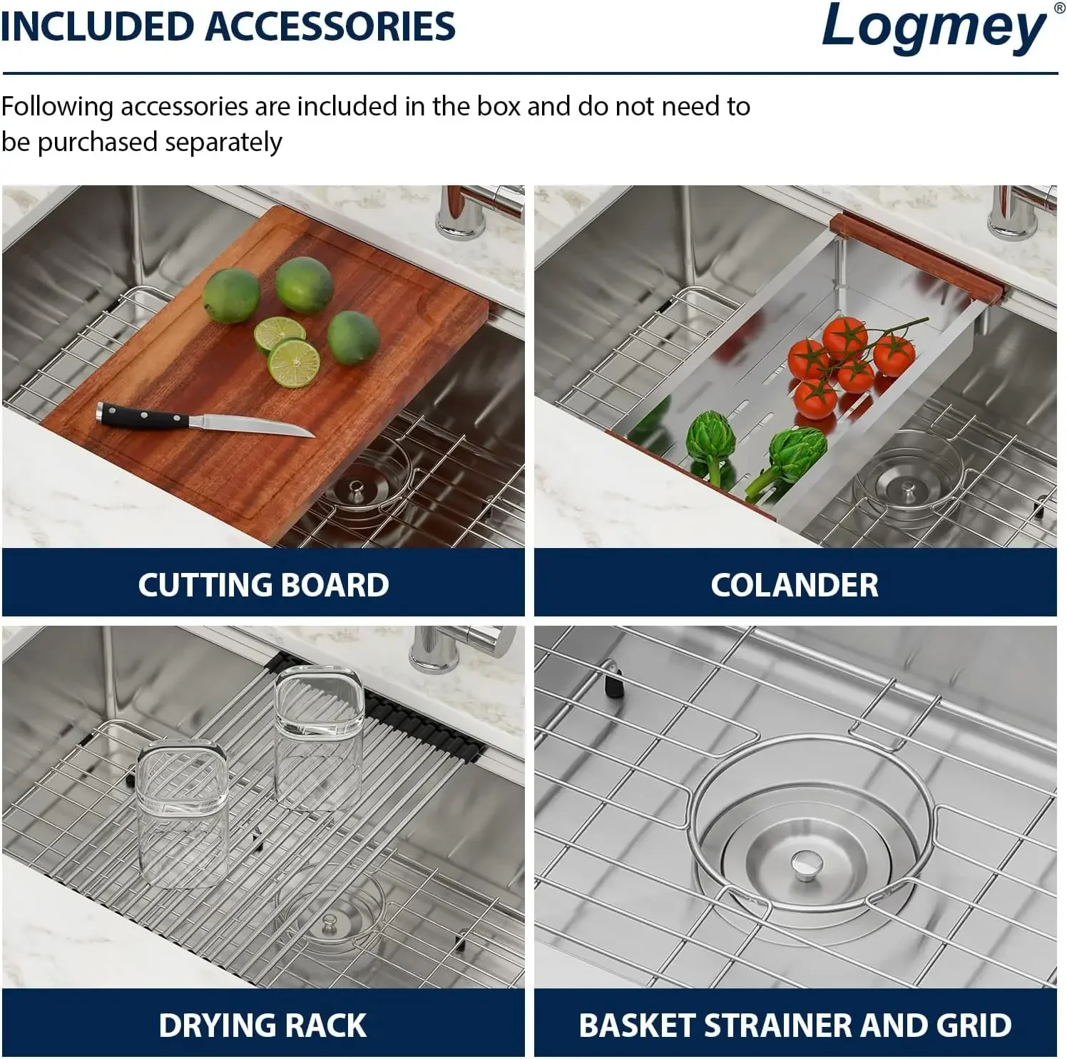 Logmey 33 Inch Undermount Kitchen Sink - 33x19 In Workstation Kitchen Sink Ledge Deep Single Bowl 16 Gauge Stainless Steel Under 3