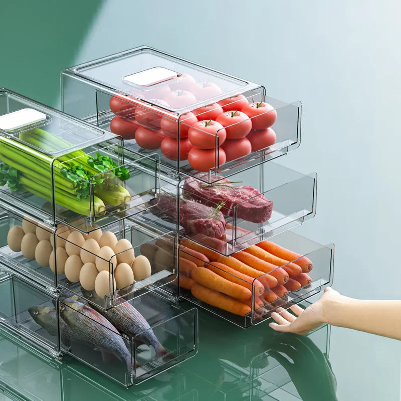 Boîte de rangement pour réfrigérateur empilable, Style tiroir Transparent, conservateur de fraîcheur couvert respirant pour aliments surgelés, matériau PET 1 Boîte de rangement pour réfrigérateur empilable, Style tiroir Transparent, conservateur de fraîcheur couvert respirant pour aliments surgelés, matériau PET 1