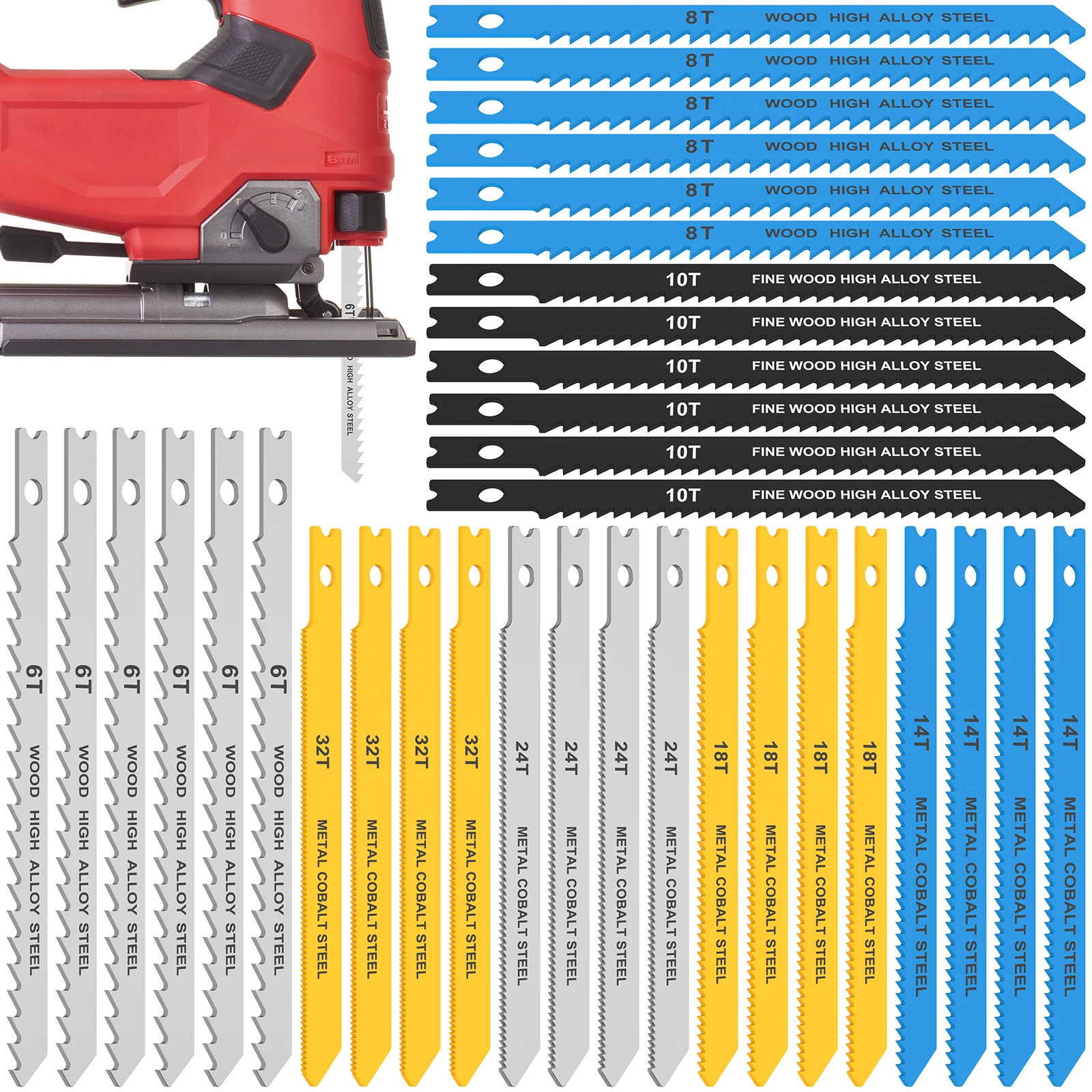 Jig Saw Blade Set 24/34Pcs Carbon Steel Assorted Jigsaw Blades for Wood Plastic Metal Cutting Blades Fast Cut Woodworking Tool jig saw blades