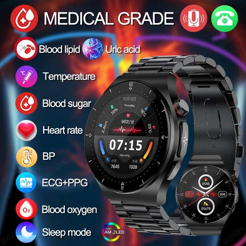 

2023 New Smart Watch Health Blood Sugar Blood Lipid Uric Acid HRV Monitor ECG+PPG Smartwatch Bluetooth Call SOS For Android IOS