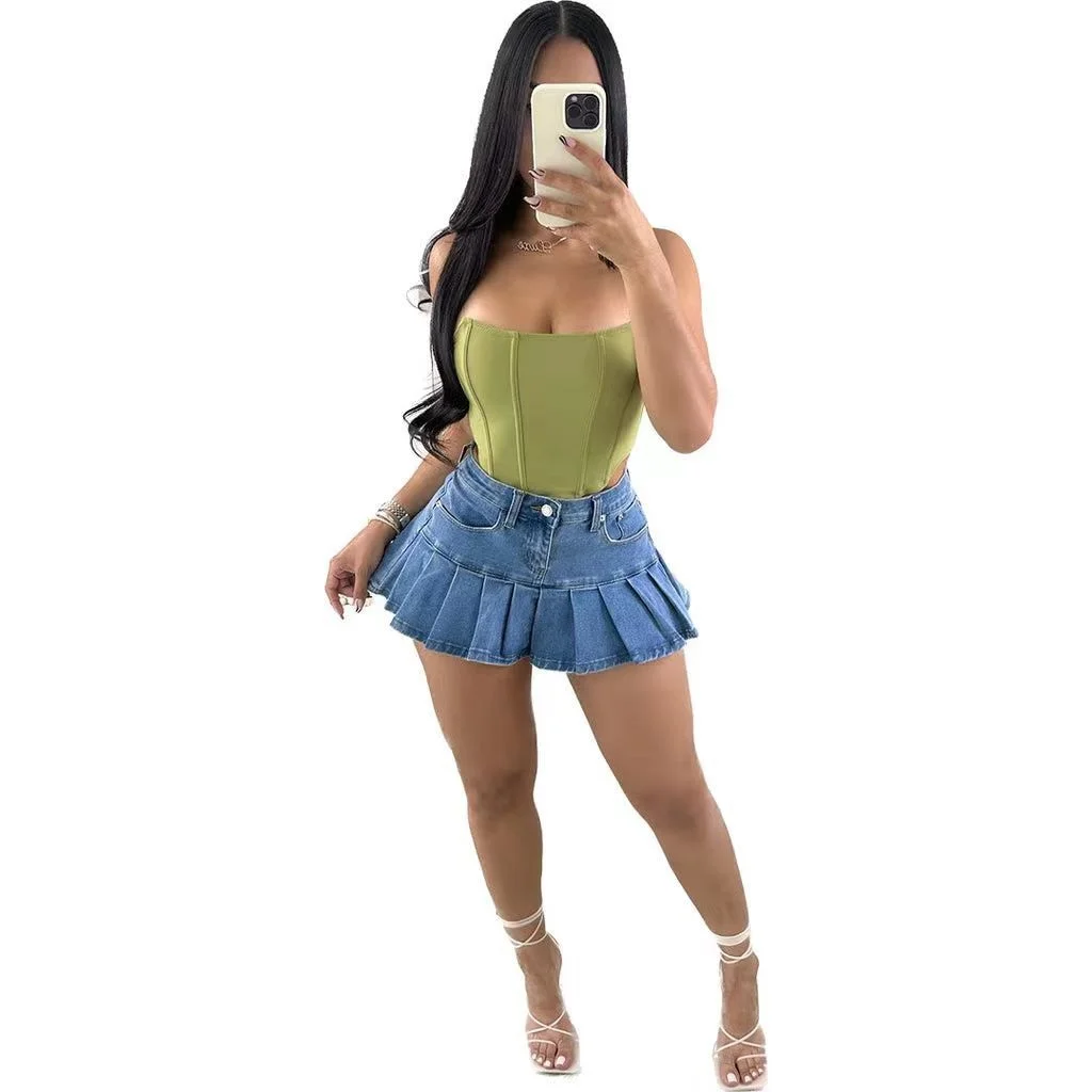 

Zoctuo Denim Cargo Skirt For Women 2023 New Fashion Pleated Zipper Fly High Waist Streetwear Vintage Blue Jeans Skirts Y2k