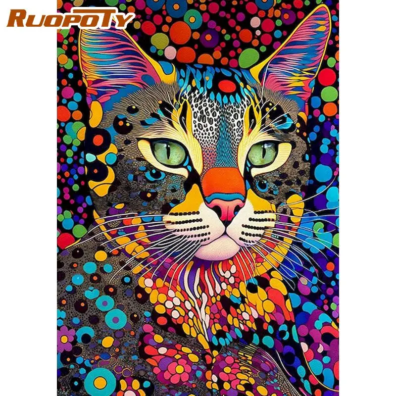 

RUOPOTY Frame Painting By Numbers For Adults Kits Colorful Cat Abstract Picture Diy Gift For Home Decors Diy Gift 60x75cm