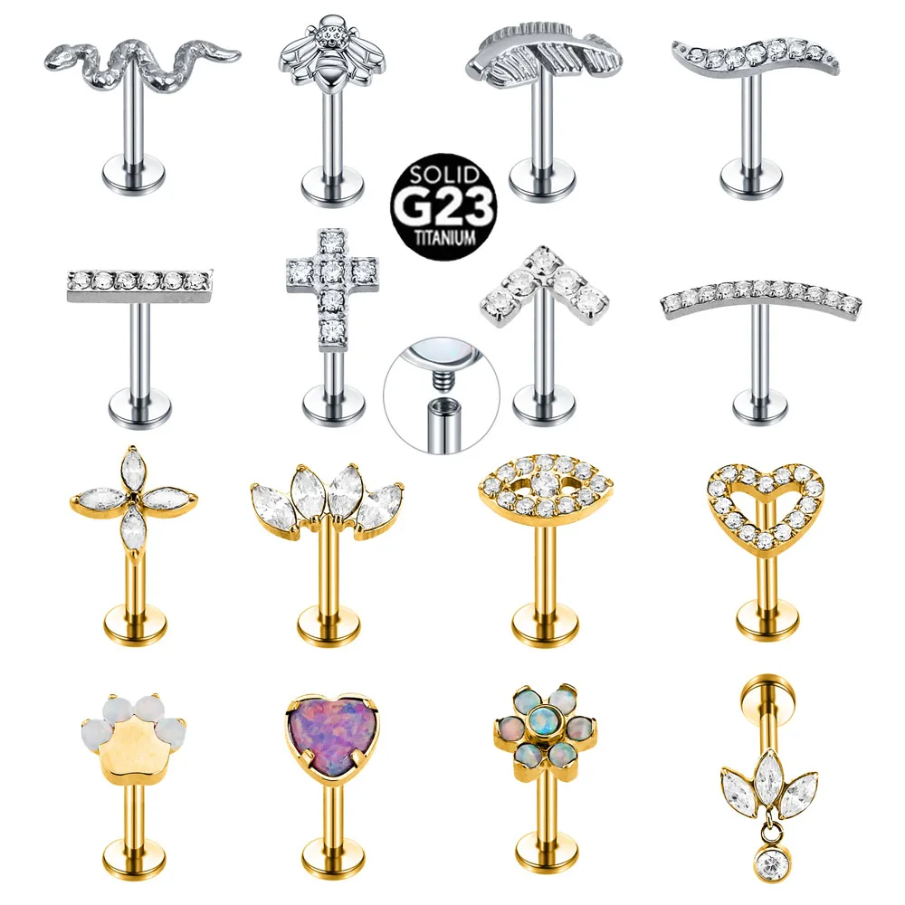 

ASTM F136 G23 Titanium 16G Snake Bee Feather Claw Heart Internal Thread Labret Piercing FlowerDrop Cross Daith Conch Earring