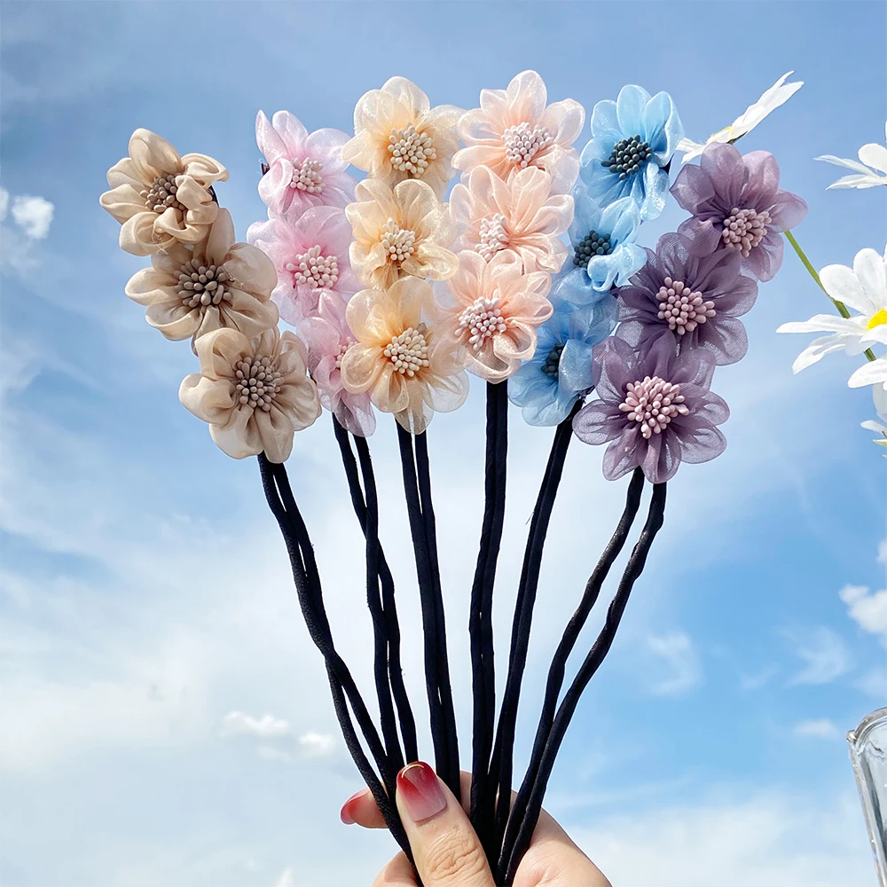 

New Women Elegant Bud Chiffon Flowers Bun Maruko Hairstyles Making Long Tools Sweet Headband Hairbands Fashion Hair Accessories