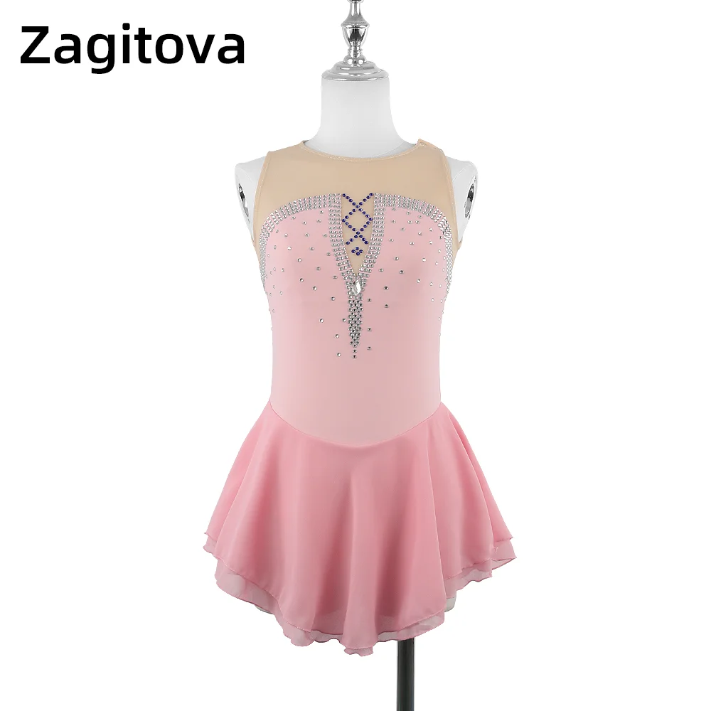 

ZAGITOVA Light Pink Figure Skating Dress For Women And Girls Sleeveless Ice Skating Clothes With Rhinestones Backless colorful