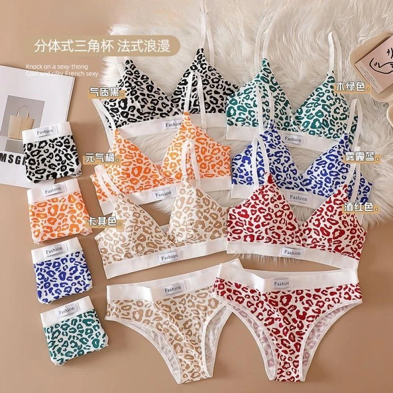 Women Seamless Bra Set Low Waist Panties Leopard Bralette Sexy Lingerie Set Vneck Sport Brassiere Female Cotton Underwear Set