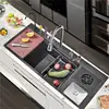 Garbage Can Honeycomb Waterfall Sink Kitchen Stainless Steel Topmount Sink Large Single Slot Wash Basin With Waterfall Faucet 1