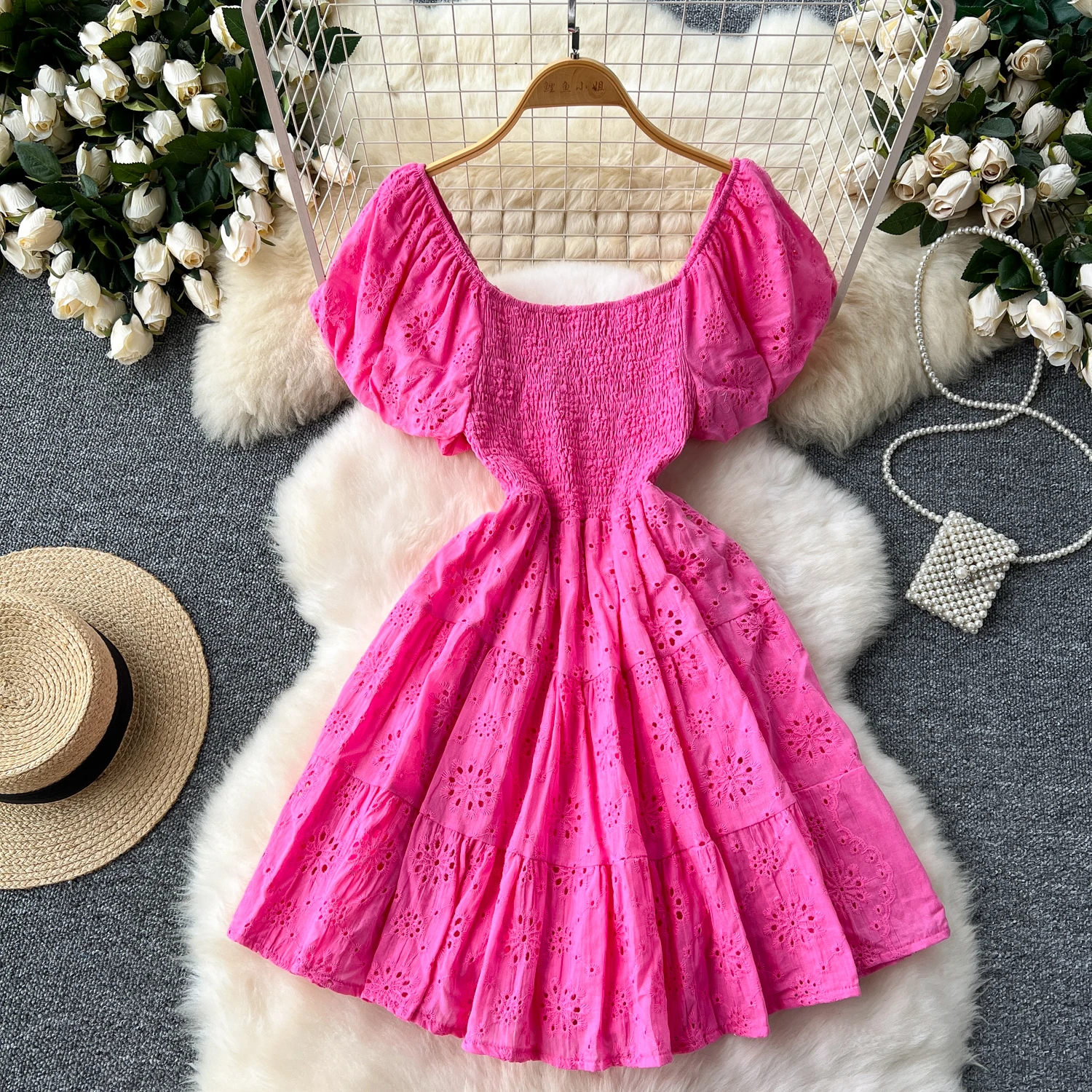 

French Vintage cut out Embroidery puff sleeve Square Collar Dress A-line Chic Casual Beach Vacation Women Summer dresses