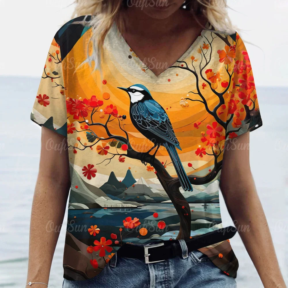 

Summer Women's V-Neck T Shirt Summer Short Sleeve T-shirts Casual Vintage Animals Print Clothing Pullover Oversized Loose Tops