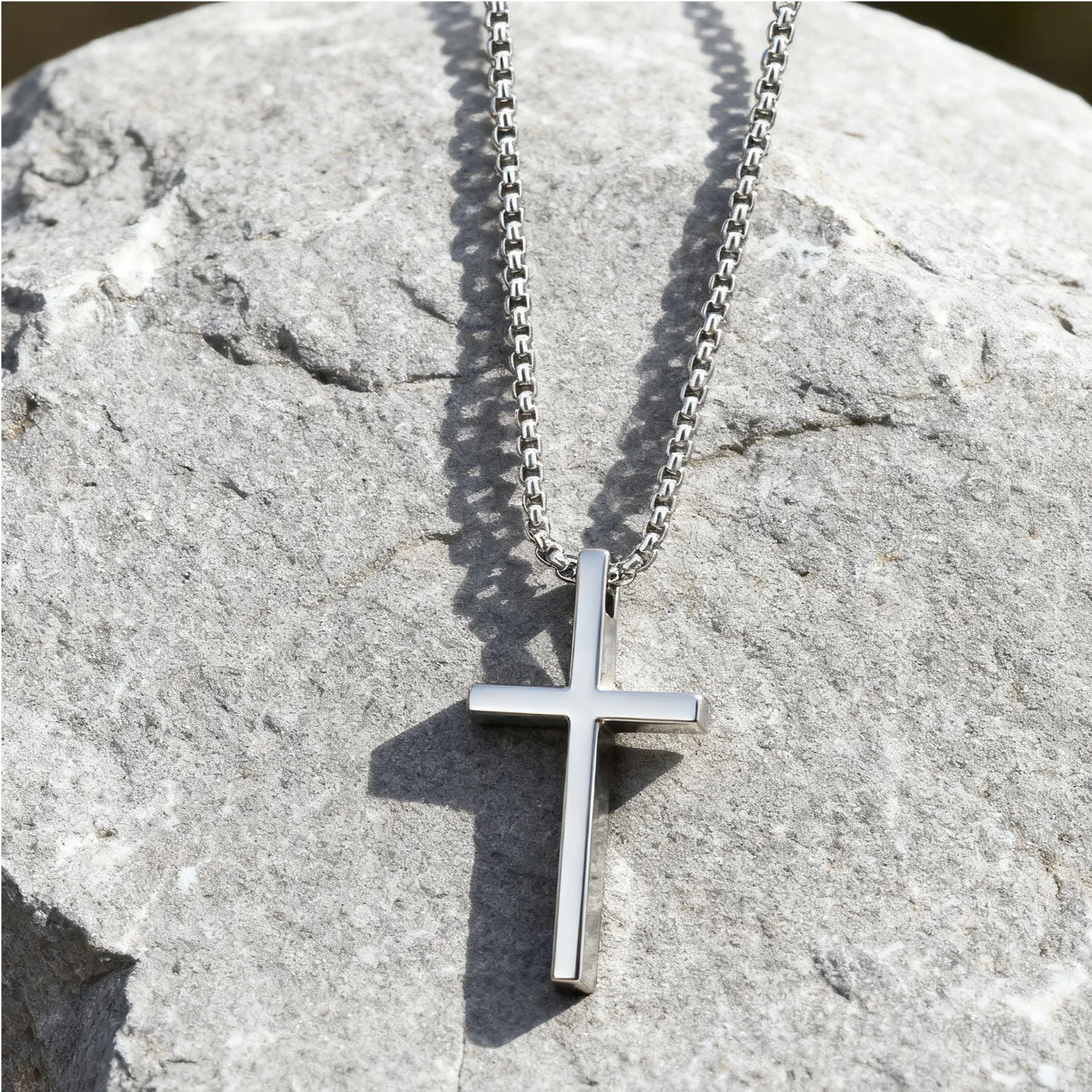 Basic Punk Cross Necklace for Men,Silver Color Metal Cross Pendant Necklace with Gift Card,Male Sweater Chain