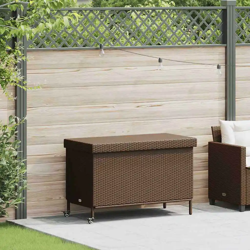 Gartenaufbewahrungsbox mit braunen Rädern aus geflochtener Kunstharzoptik – Detail 1