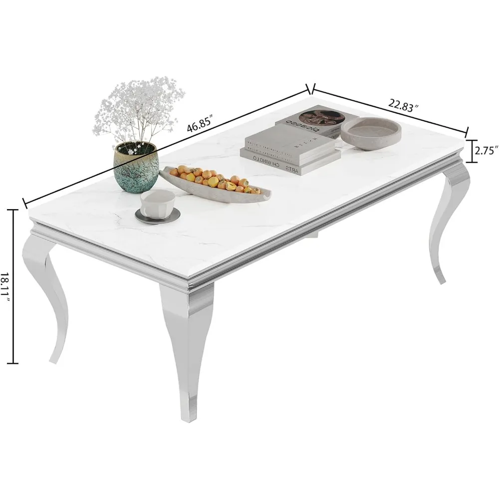 47 Inch Coffee Table, Faux Marble Coffee Tables, Rectangular Living Room Tables, Elegant Side Table with Stainless Steel 2