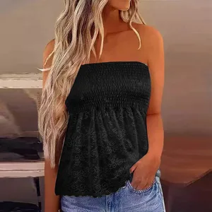 Women Lace Stitching Bandeau Tank Casual Sleeveless Summer Vacation Loose Holiday TubeTop Shirt Blouse Pleated Tunic Tanks Top