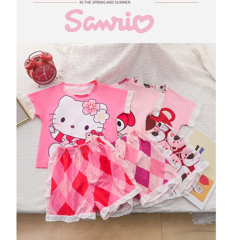 

Hello Kitty Sanrio Cinnamoroll My Melody Childrens Cartoon Short Sleeve Pajamas Kuromi Girls Summer Thin Relaxed Housewear Set