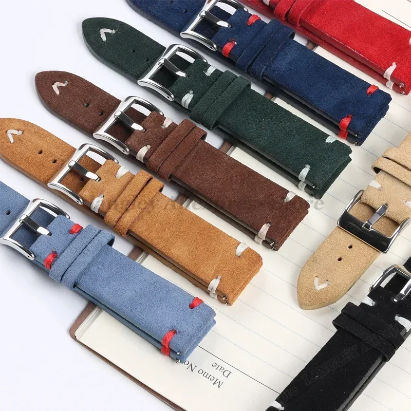 Vintage Handmade Suede Leather Watch Strap with Stitching Details, Available in Multiple Widths