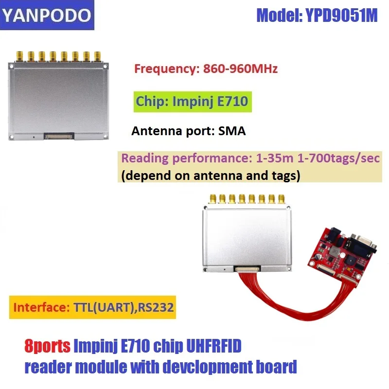 

Yanpodo Long Range 1-35M UHF RFID Reader Module RS232 8ports Impinj E710 Chip For Sports Timing Solution