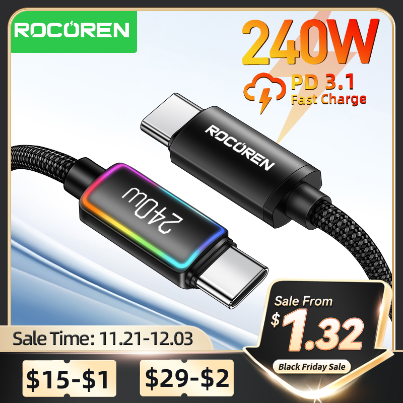 Rocoren 240W 5A High Power Fast Charging Type C Cable 100W PD 3.1 USB C Quick Charging Date Cord For iPhone Samsung Laptop iPad