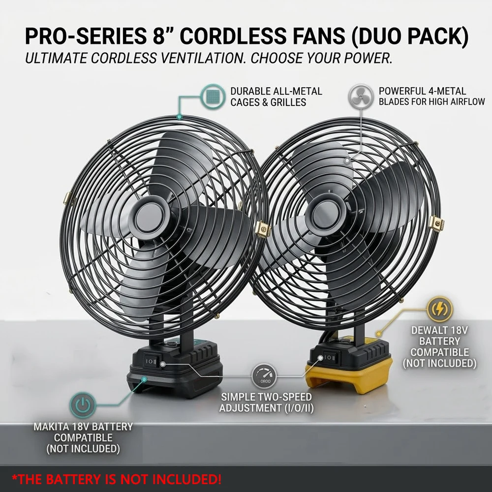 Camping Fan 8In Outdoor Fishing Wireless Desktop Portable Metal Fan Strong Wind Fan For Makita/Dewalt 18V Battery Pin 1