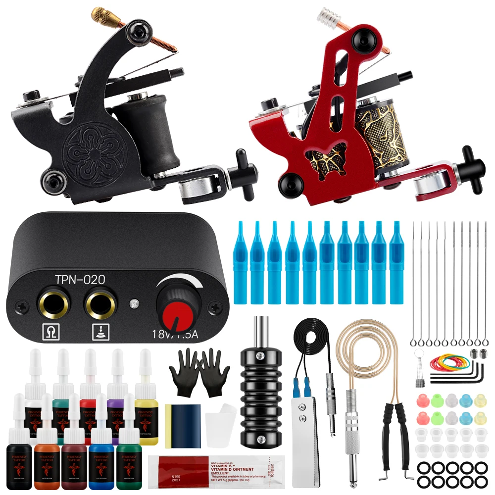 

Beginner Tattoo Machine Gun Kit Coil Tattoo Machine with Tattoo Power Supply Permanent Tattoo Pigment Inks Tattoo Body Art Set