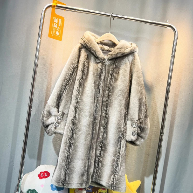 2023 New European Mink Composite One-Piece Coat Jacket Women's Mid-Length Fashion Stylish Mink Leather Faux Fur Outwear Hooded