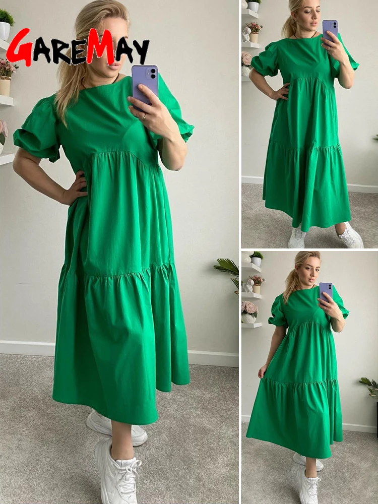 Casual Women Summer Maxi Dress 100% Cotton O Neck A-line Oversize Short Sleeve Midi Dress Puff Sleeve White Green Long Dress 3