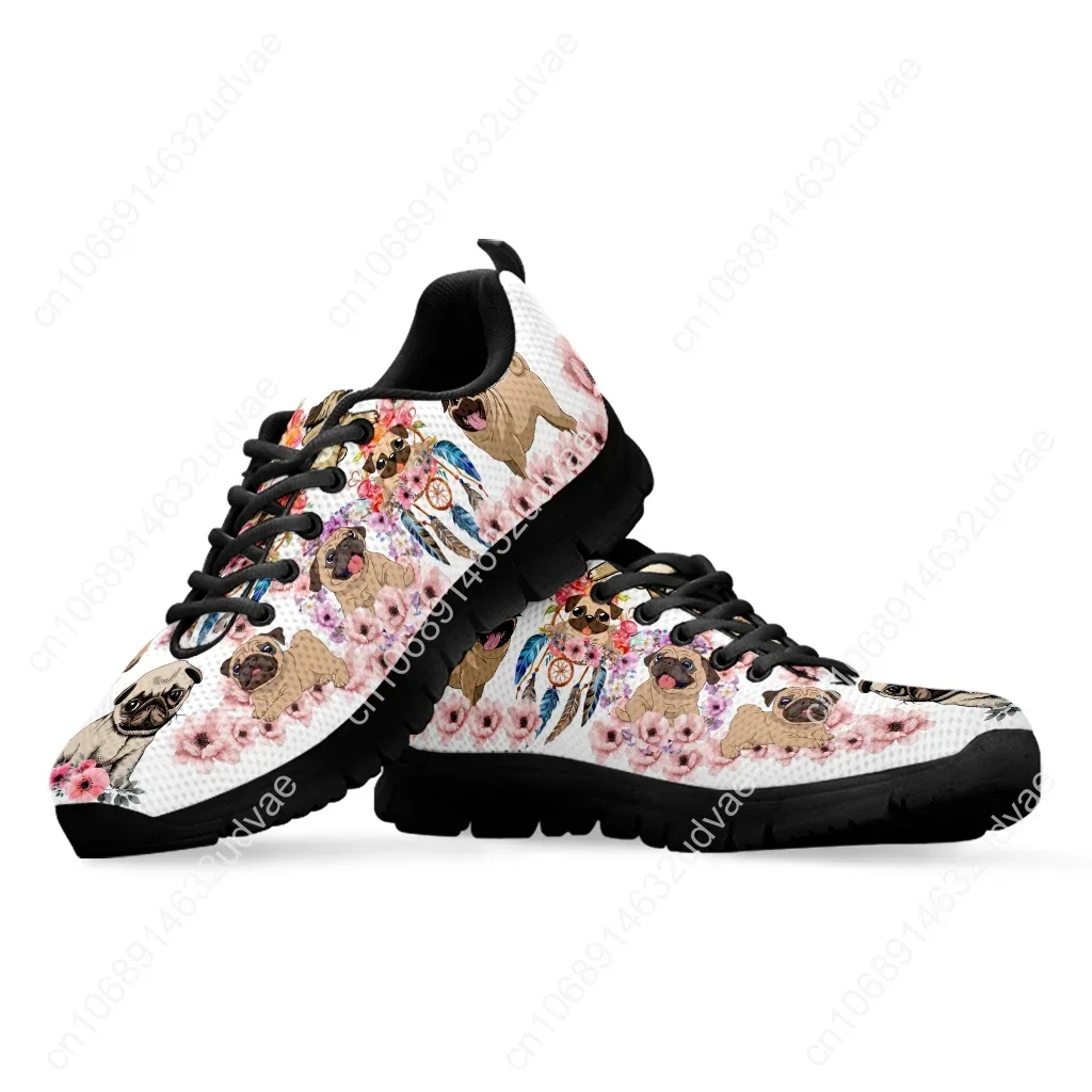 Cute Pug Pattern Flower Print Lightweight Outdoor Shoes Black Platform Shoes Summer Breathable Sneakers Zapatos