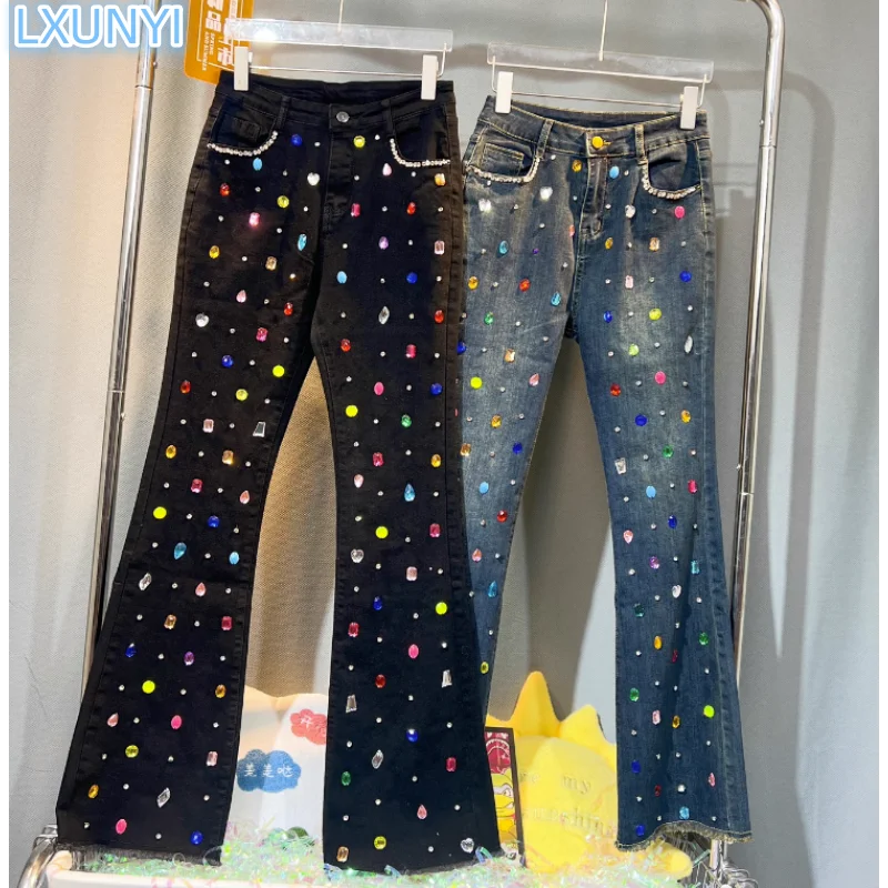 2023 Autumn New Heavy Diamond Flare Jeans Women High Waist Washing Embroidered Flares Slim Rhinestone Pants Casual Design Jeans